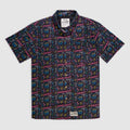 Surf Shirts (Last Chance) short sleeve shirt with a colorful illustrated allover print, camp collar, and button front displayed flat on a light background