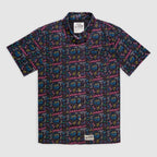 Surf Shirts (Last Chance) short sleeve shirt with a colorful illustrated allover print, camp collar, and button front displayed flat on a light background