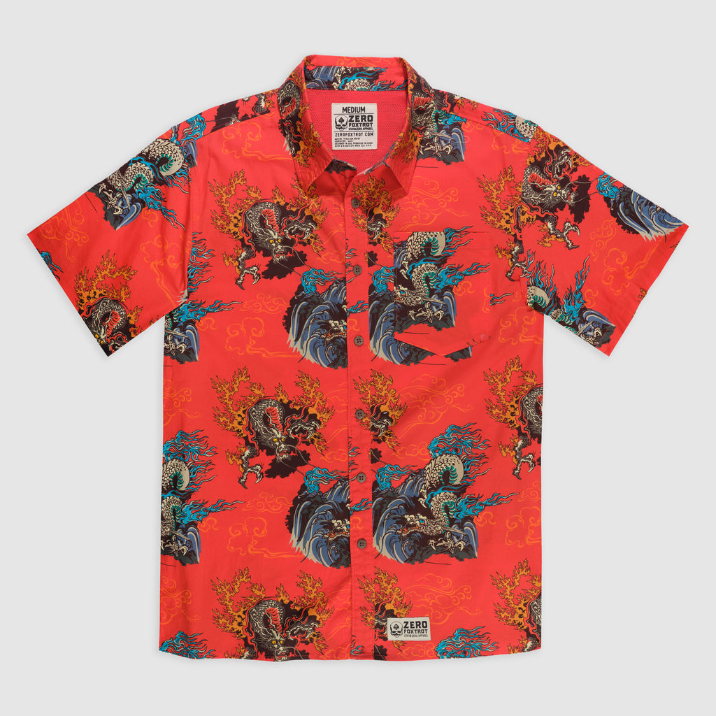 Surf Shirts (Last Chance), red short sleeve button up shirt with colorful dragon and wave patterns, shown flat against a light background
