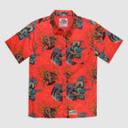 Surf Shirts (Last Chance), red short sleeve button up shirt with colorful dragon and wave patterns, shown flat against a light background
