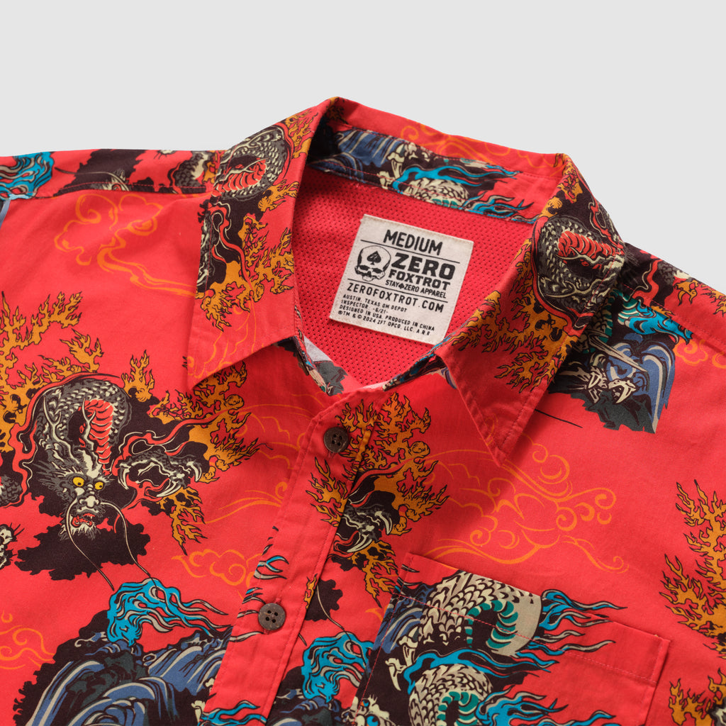 Surf Shirts (Last Chance), red patterned button up shirt with colorful dragon and wave motifs, collared neckline, front buttons, and chest pocket