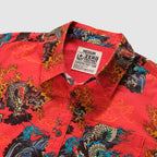 Surf Shirts (Last Chance), red patterned button up shirt with colorful dragon and wave motifs, collared neckline, front buttons, and chest pocket