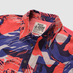 Surf Shirts (Last Chance) closeup of a colorful button up shirt with bold coral, navy, and white abstract surf inspired print, collar, buttons, and chest pocket