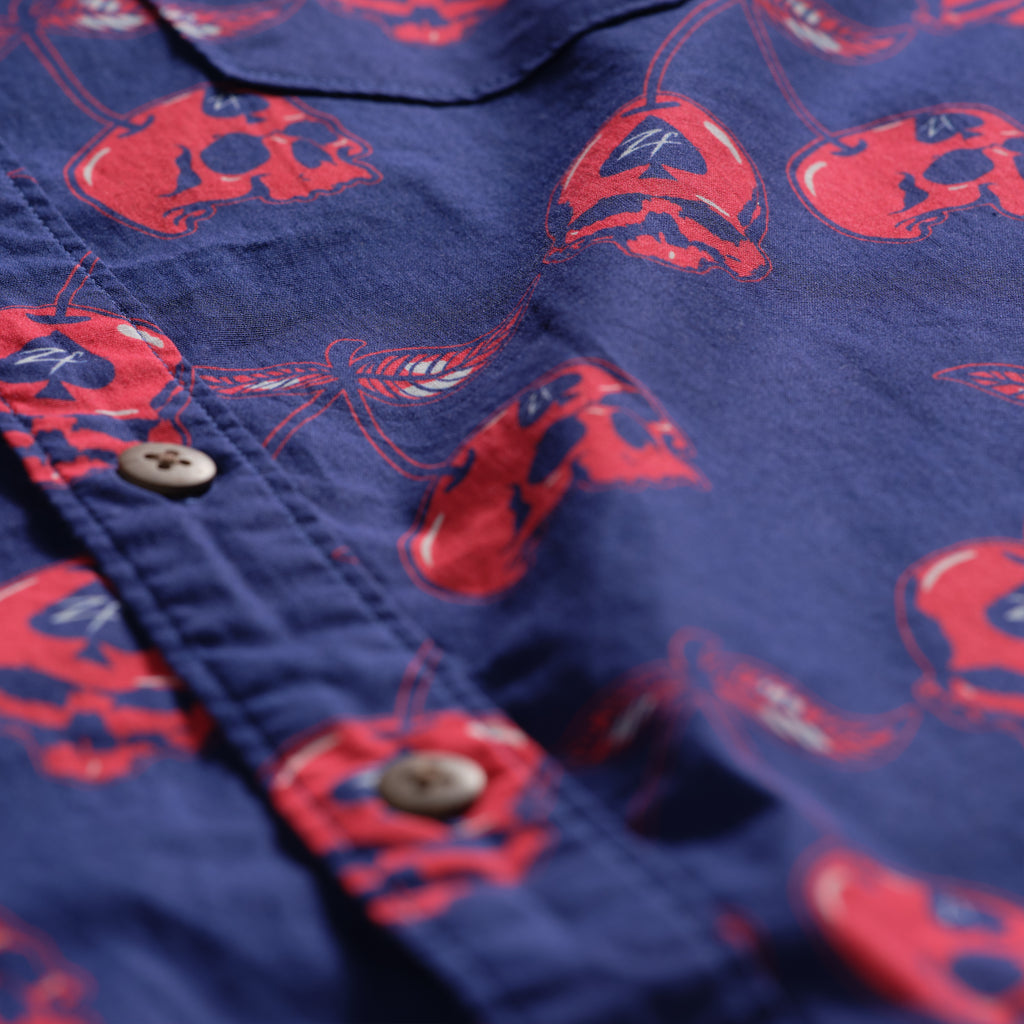 Surf Shirts (Last Chance), close-up of a navy blue button-up shirt with a red crab print, front placket, and brown buttons