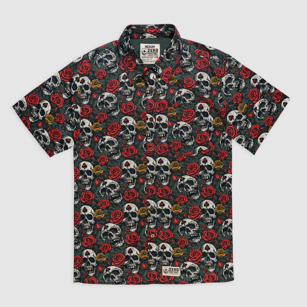 Surf Shirts (Last Chance) short sleeve collared shirt with an all over pattern of skulls, red roses, and intricate black and gray artwork