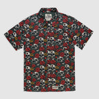 Surf Shirts (Last Chance) short sleeve collared shirt with an all over pattern of skulls, red roses, and intricate black and gray artwork