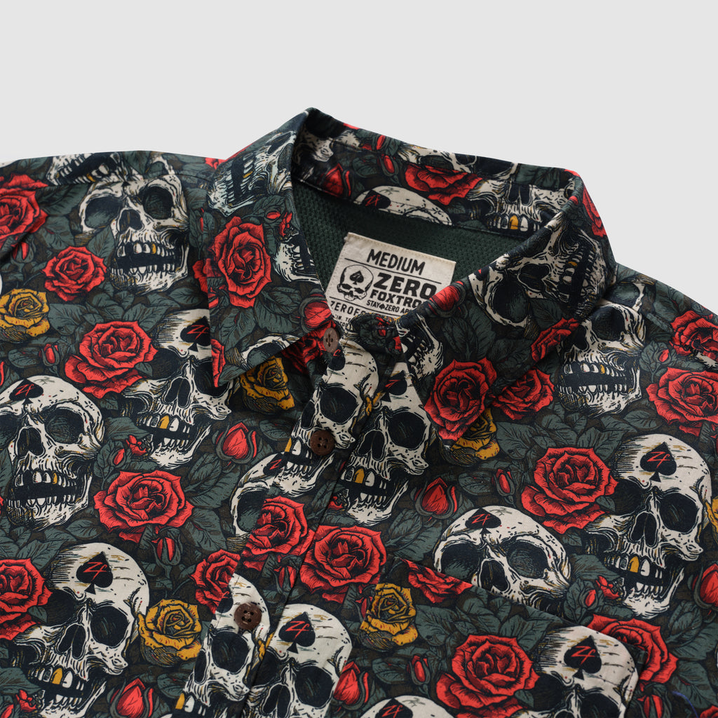 Surf Shirts (Last Chance) button-up shirt with a dark skull and red rose print, shown in close-up with a collared neckline