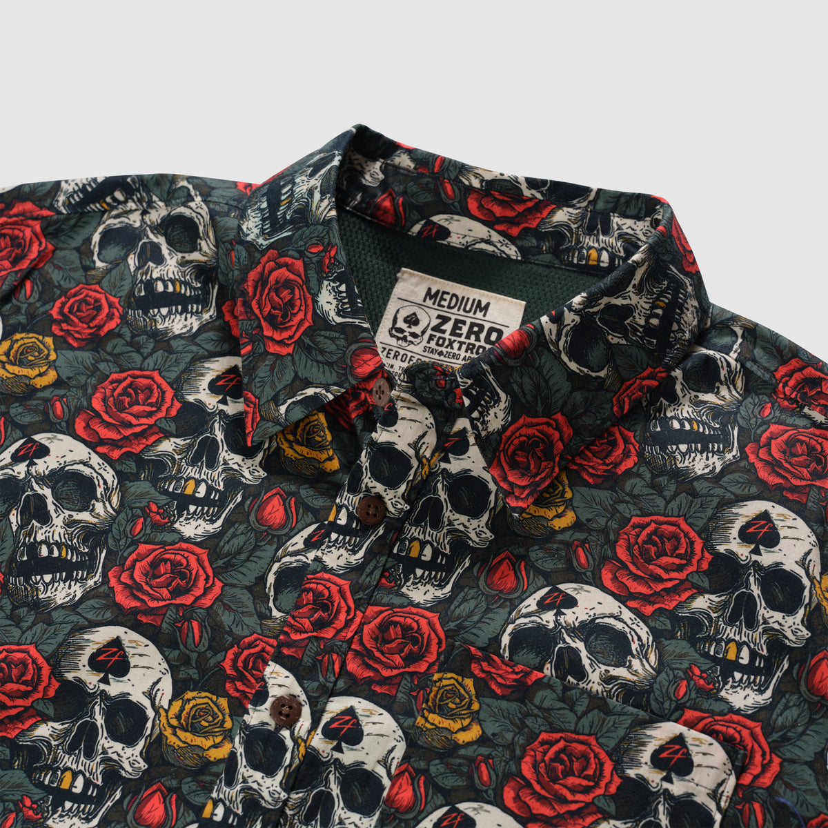 Surf Shirts (Last Chance) button-up shirt with a dark skull and red rose print, shown in close-up with a collared neckline
