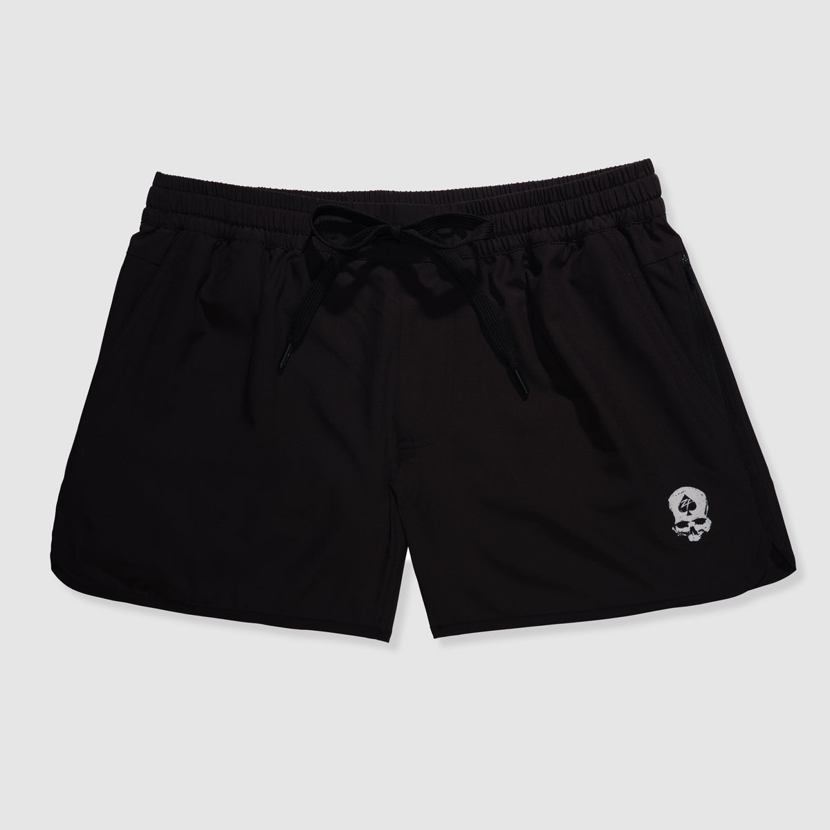 Black shorts with an elastic waistband and drawstring, featuring a small skull graphic on the lower left leg, designed as Zero Shorts - 5" Inseam.