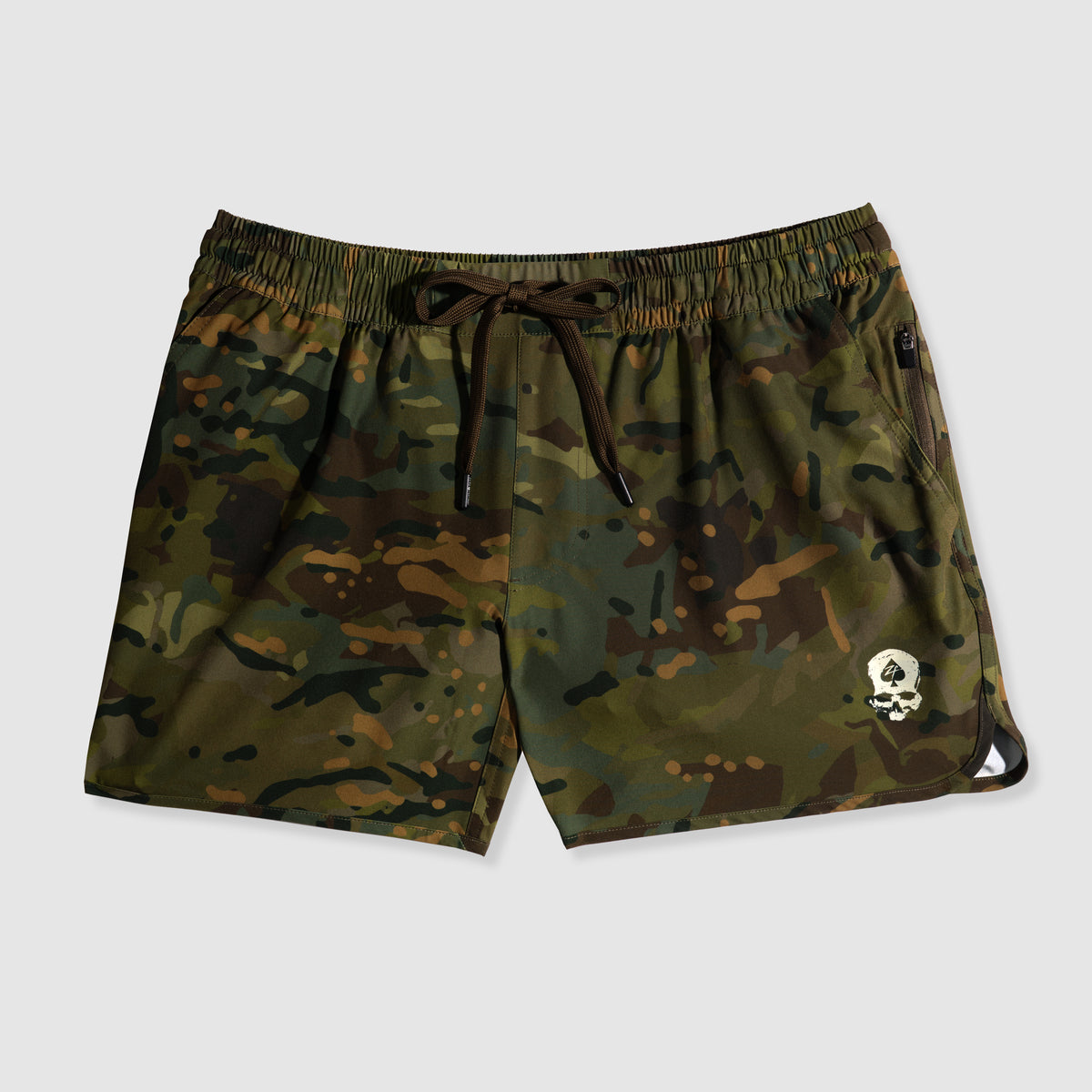 Zero Shorts - 5" Inseam in green and brown camouflage pattern with an elastic waistband, drawstring, and a small skull logo on the left leg.