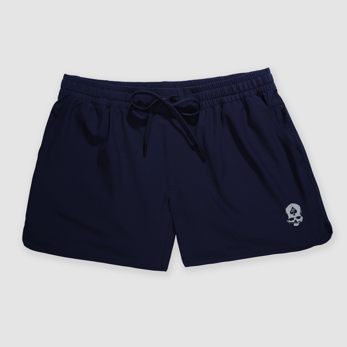 Zero Shorts - 5" Inseam in navy blue featuring an elastic waistband with a drawstring and a small skull logo on the lower left leg for a casual, comfortable fit.