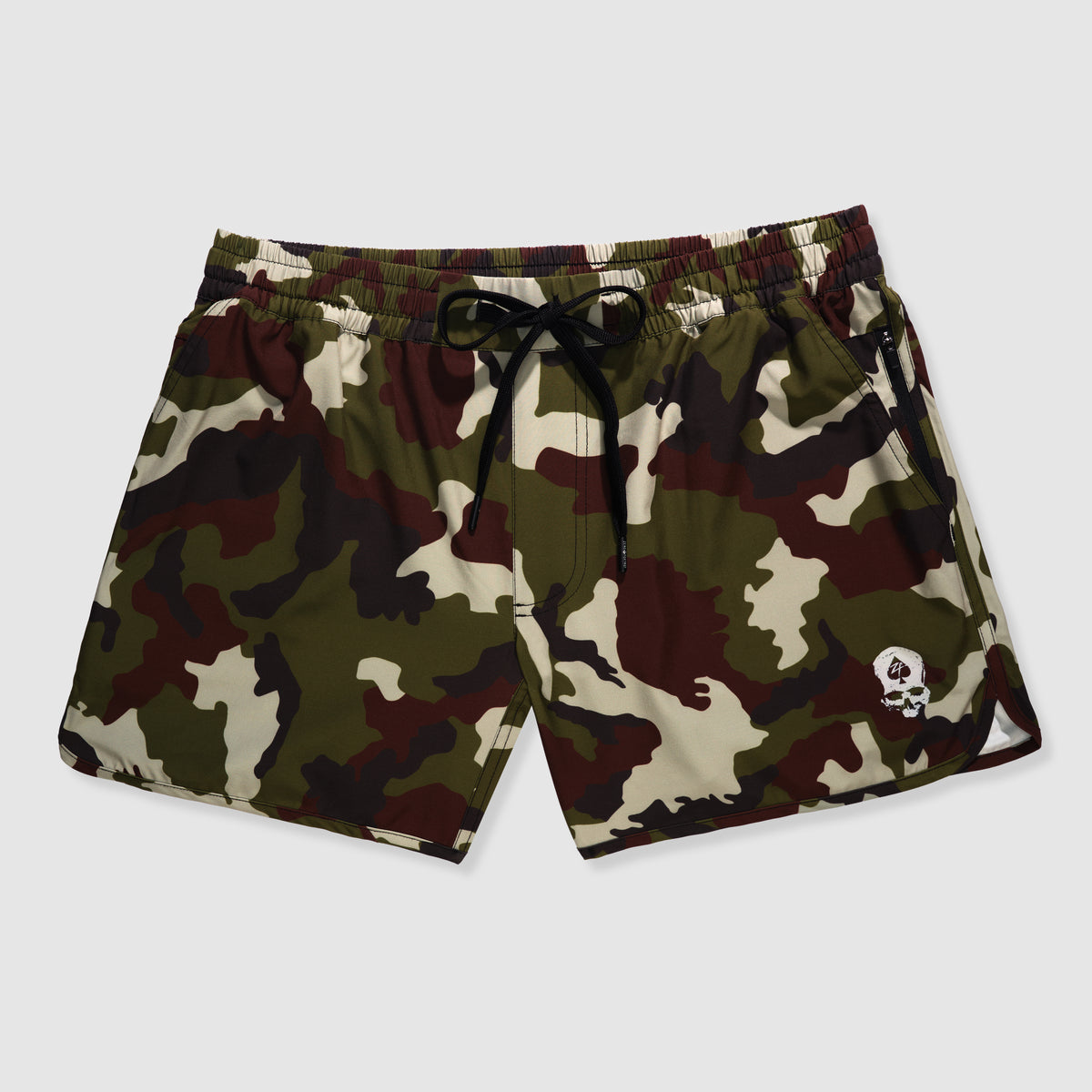 Zero Shorts - 5" Inseam in a green, brown, and beige camouflage pattern with an elastic waistband and black drawstring, featuring a small white skull logo on the leg.