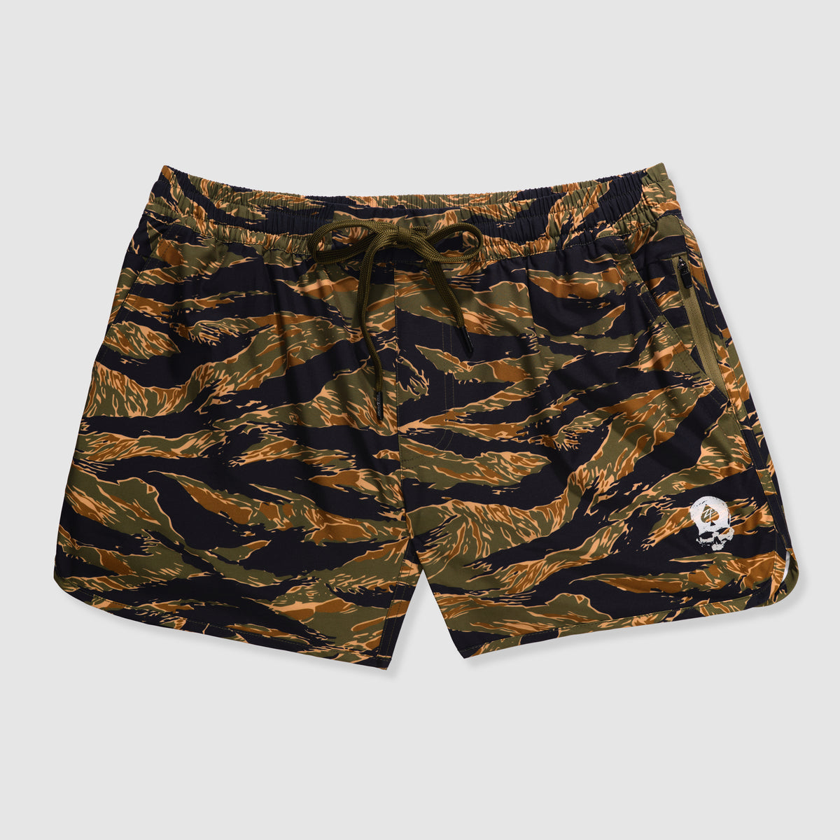 Zero Shorts - 5" Inseam featuring a tiger stripe camouflage pattern with an elastic waistband, drawstring, side pocket, and small skull graphic on the front.
