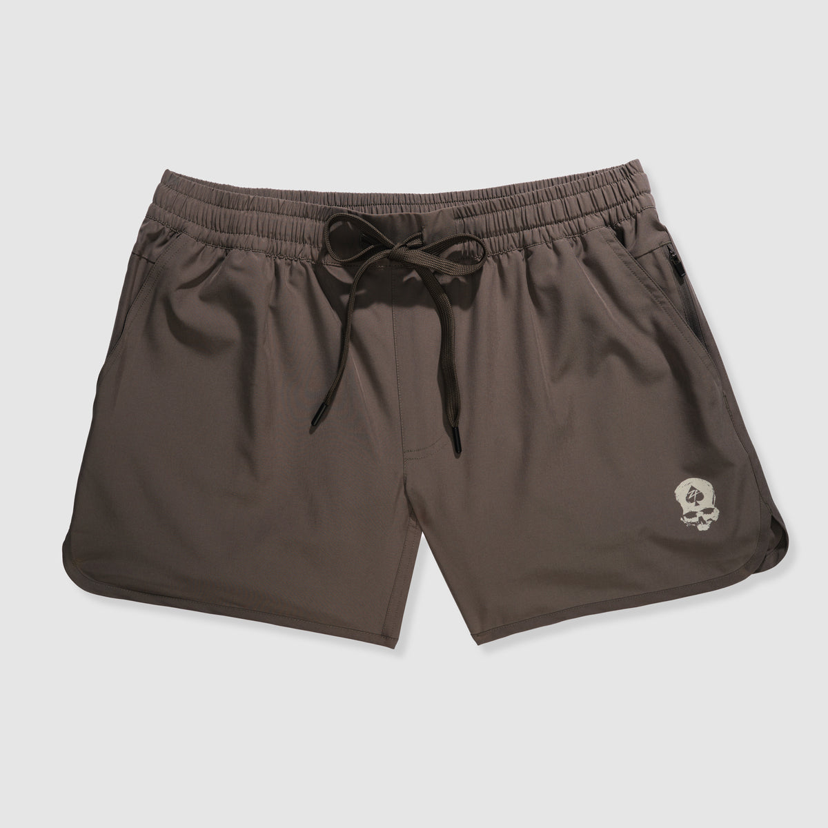 Zero Shorts - 5" Inseam in a muted gray color featuring an elastic waistband with drawstring and a small skull logo on the lower left leg.
