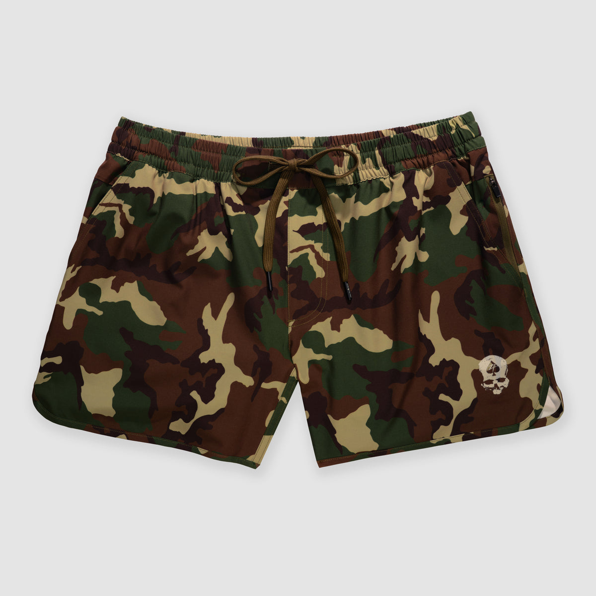 Zero Shorts - 5" Inseam in a woodland camouflage pattern featuring an elastic waistband with drawstring and a small skull logo on the left leg.