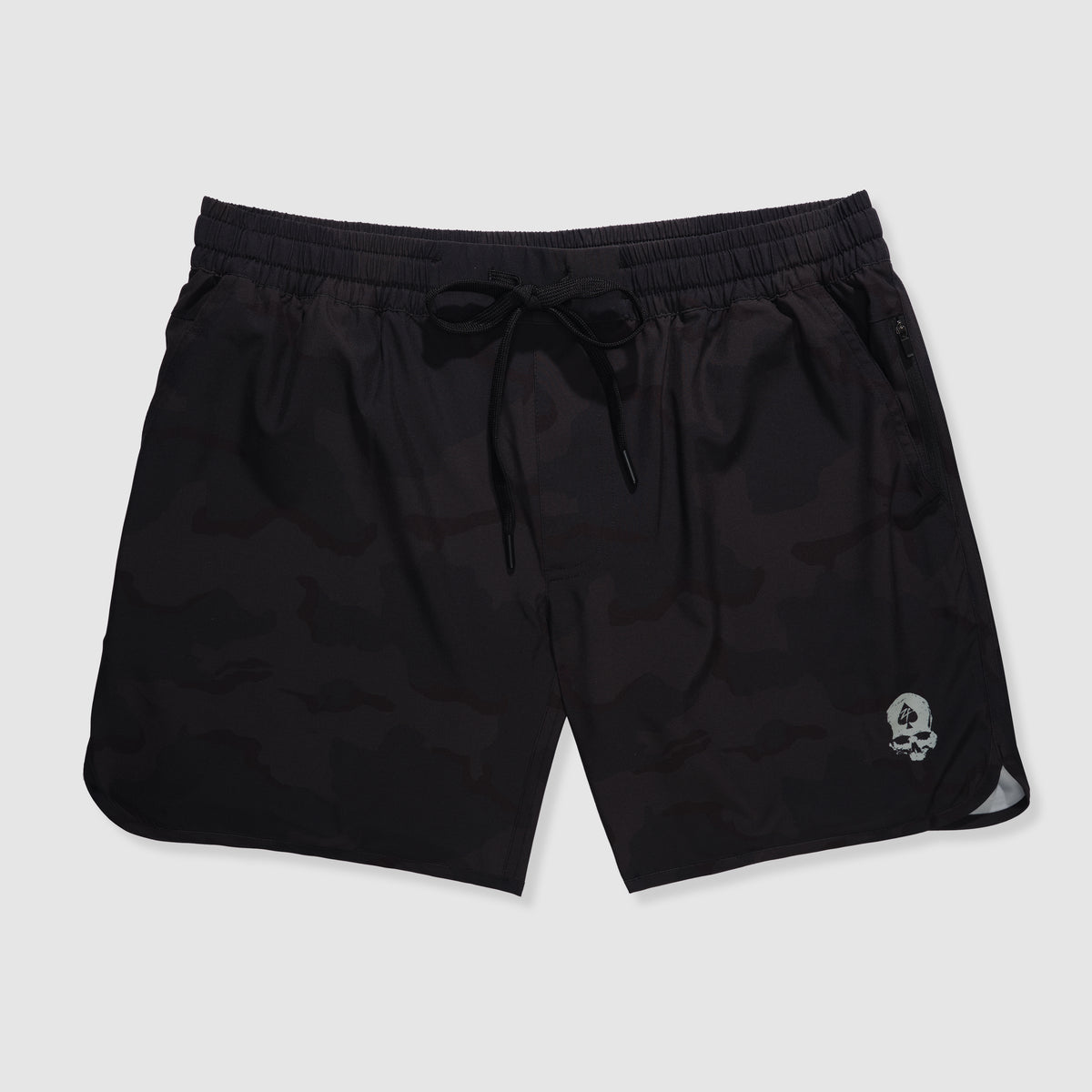 Zero Shorts - 7" Inseam in a dark black desert camouflage pattern with an elastic waistband, drawstring closure, side pockets, and a small skull logo on the front left leg.