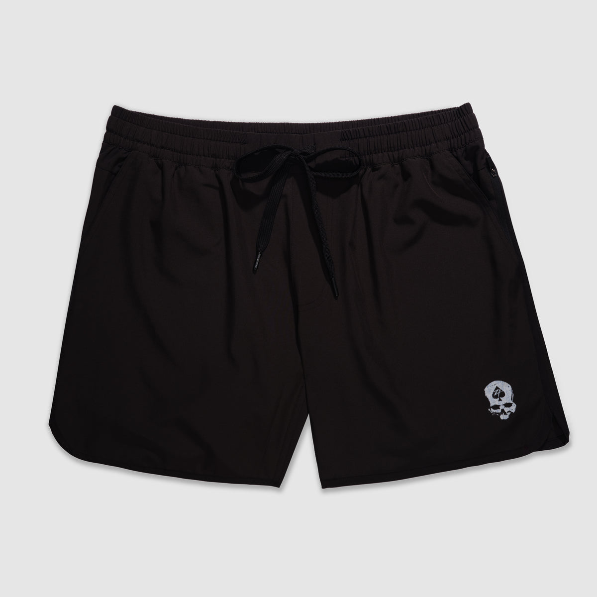 Black athletic shorts with an elastic waistband and drawstring, featuring a small skull logo on the front, labeled as Zero Shorts - 7" Inseam.