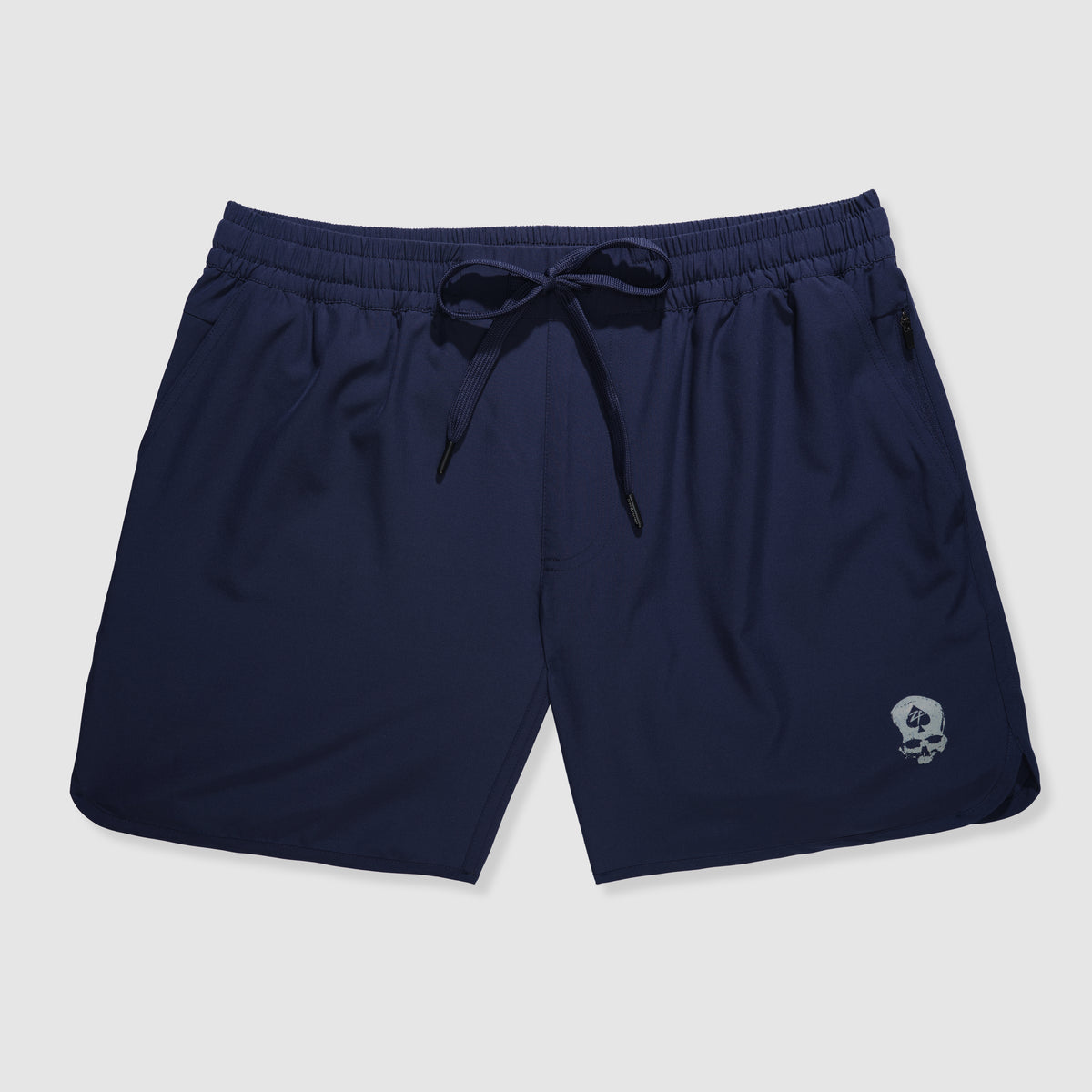 Navy blue athletic shorts with an elastic waistband and drawstring, featuring a subtle logo on the left leg, designed as Zero Shorts - 7" Inseam.