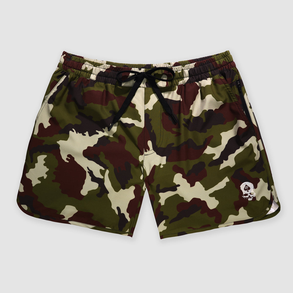 Camo patterned shorts with an elastic waistband and black drawstring featuring a small skull logo on the leg, styled as Zero Shorts - 7" Inseam.