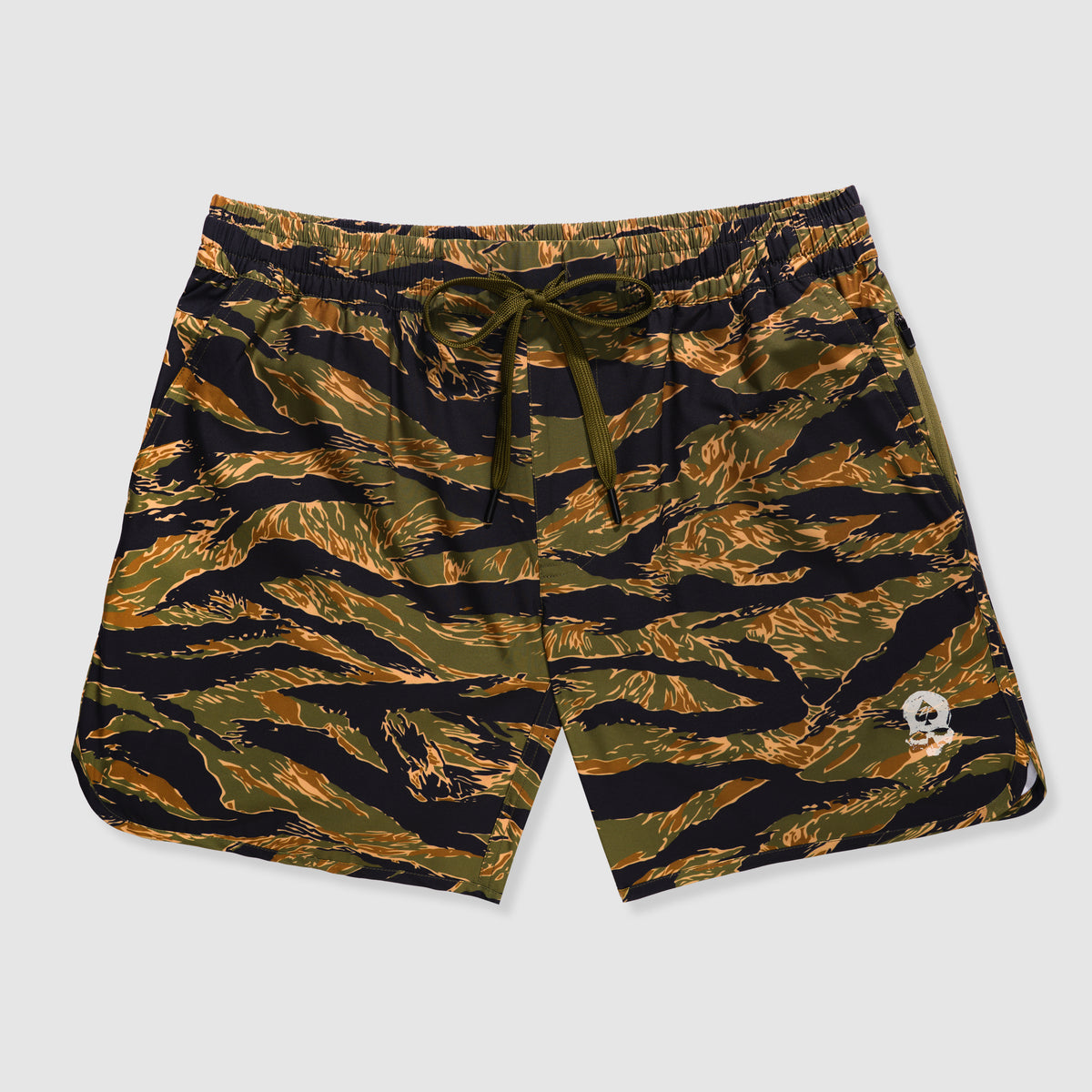 Zero Shorts - 7" Inseam featuring a tiger stripe camouflage pattern in green, black, and gold tones with an adjustable drawstring waist and a small skull logo on the leg.