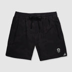 Zero Shorts - 9" Inseam in black desert camo pattern featuring an elastic waistband with drawstring and a small skull logo near the hem for casual and athletic wear.