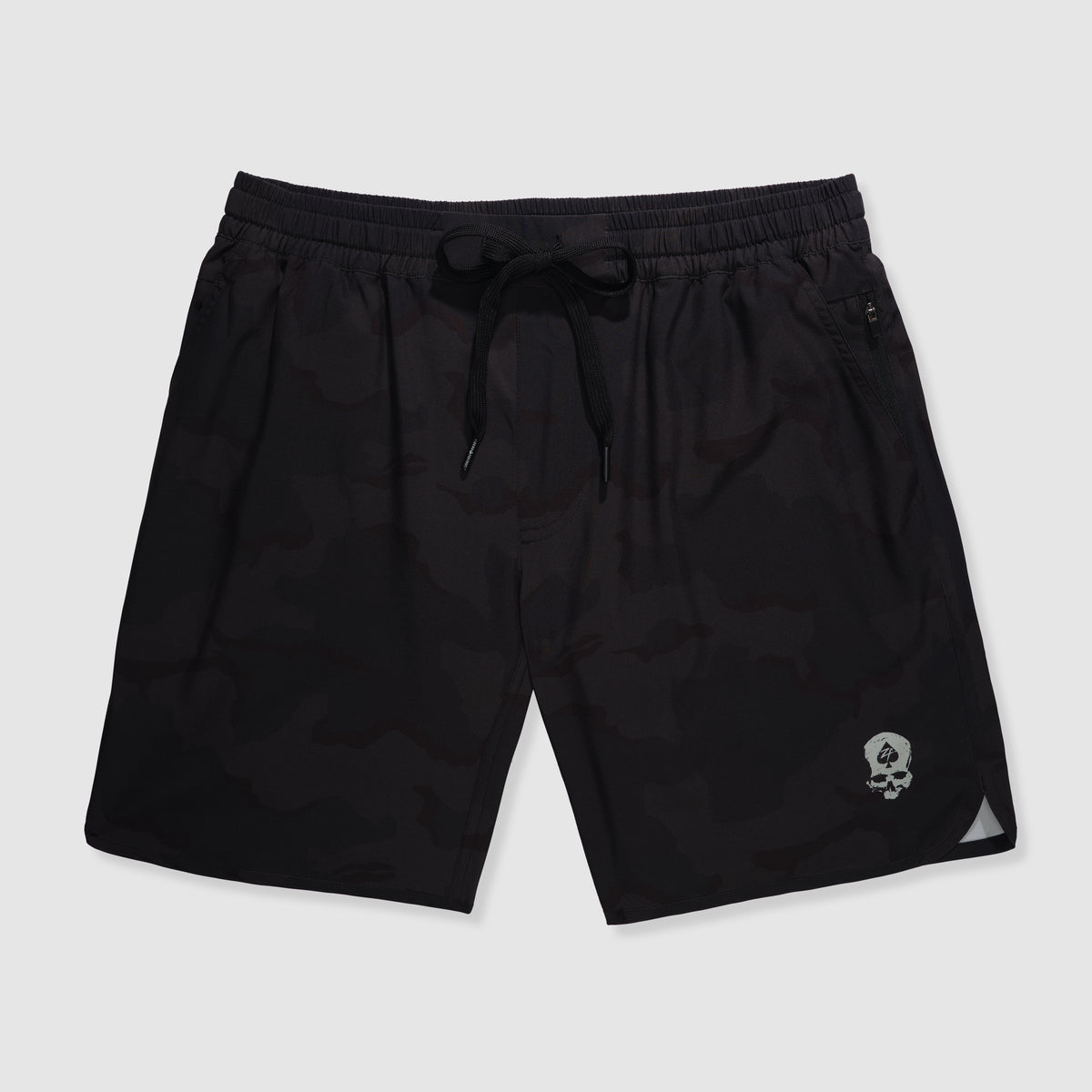 Zero Shorts - 9" Inseam in black desert camo pattern featuring an elastic waistband with drawstring and a small skull logo near the hem for casual and athletic wear.