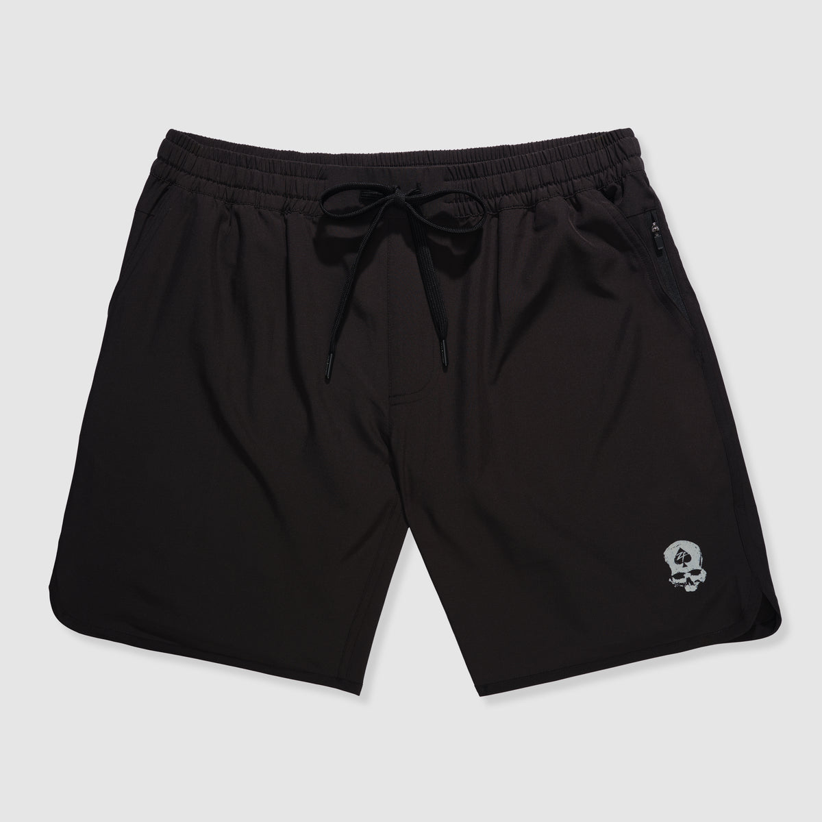 Black athletic shorts with an elastic waistband and drawstring, featuring a small skull logo on the lower leg, labeled as Zero Shorts - 9" Inseam.