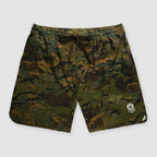 Zero Shorts - 9" Inseam featuring a green and brown camouflage pattern with an elastic waistband and drawstring, designed for casual and outdoor wear.