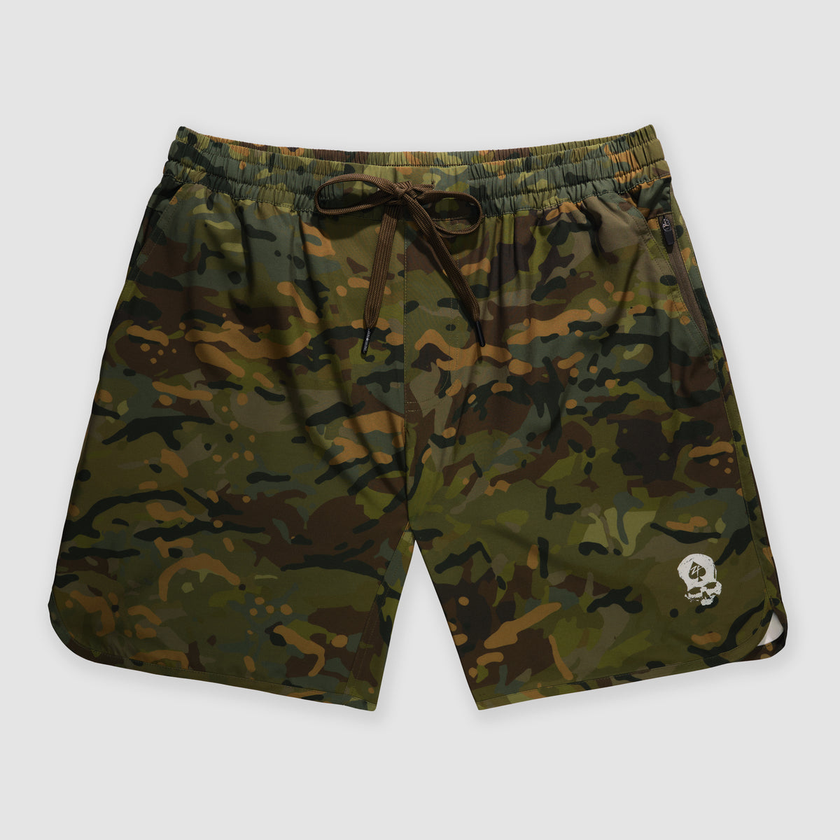 Zero Shorts - 9" Inseam featuring a green and brown camouflage pattern with an elastic waistband and drawstring, designed for casual and outdoor wear.