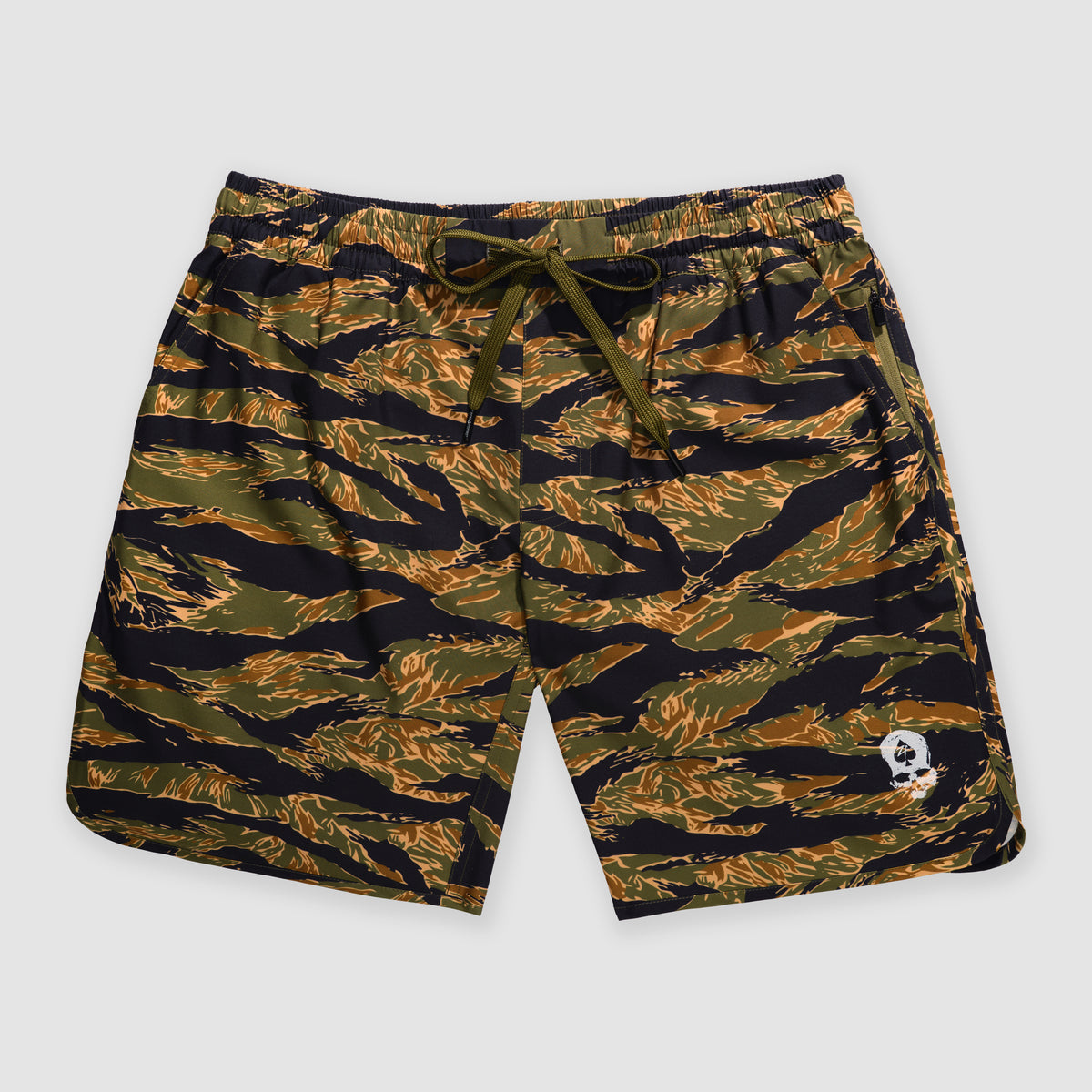 Zero Shorts - 9" Inseam featuring a green and gold tiger stripe camouflage pattern with an elastic waistband and drawstring closure, designed for comfort and style.