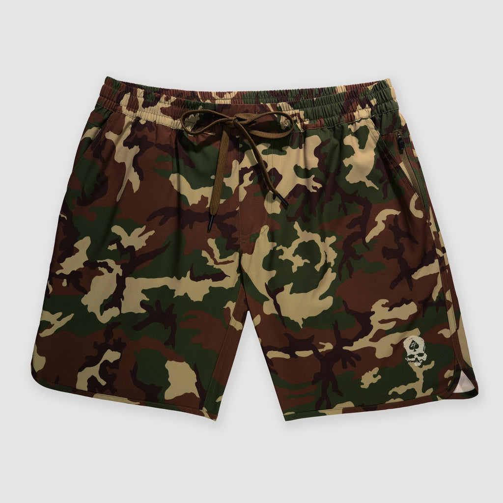 Zero Shorts - 9" Inseam in a woodland camouflage pattern with an elastic waistband and drawstring, designed for casual comfort and style.