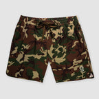 Zero Shorts - 9" Inseam in a woodland camouflage pattern with an elastic waistband and drawstring, designed for casual comfort and style.