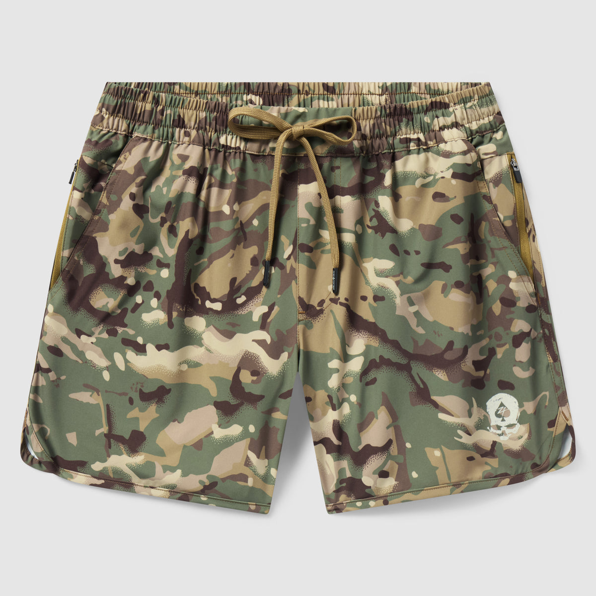 Zero Shorts - 5" Inseam featuring a green and brown camouflage pattern with an elastic waistband and drawstring, designed for casual and active wear.
