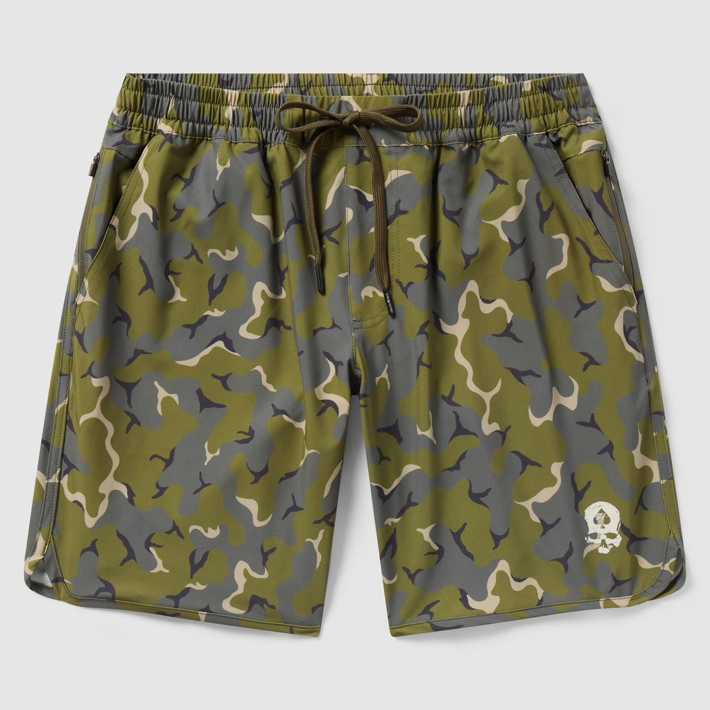 Zero Shorts - 9" Inseam with an olive green and gray camouflage pattern featuring an adjustable drawstring waistband and side pockets.