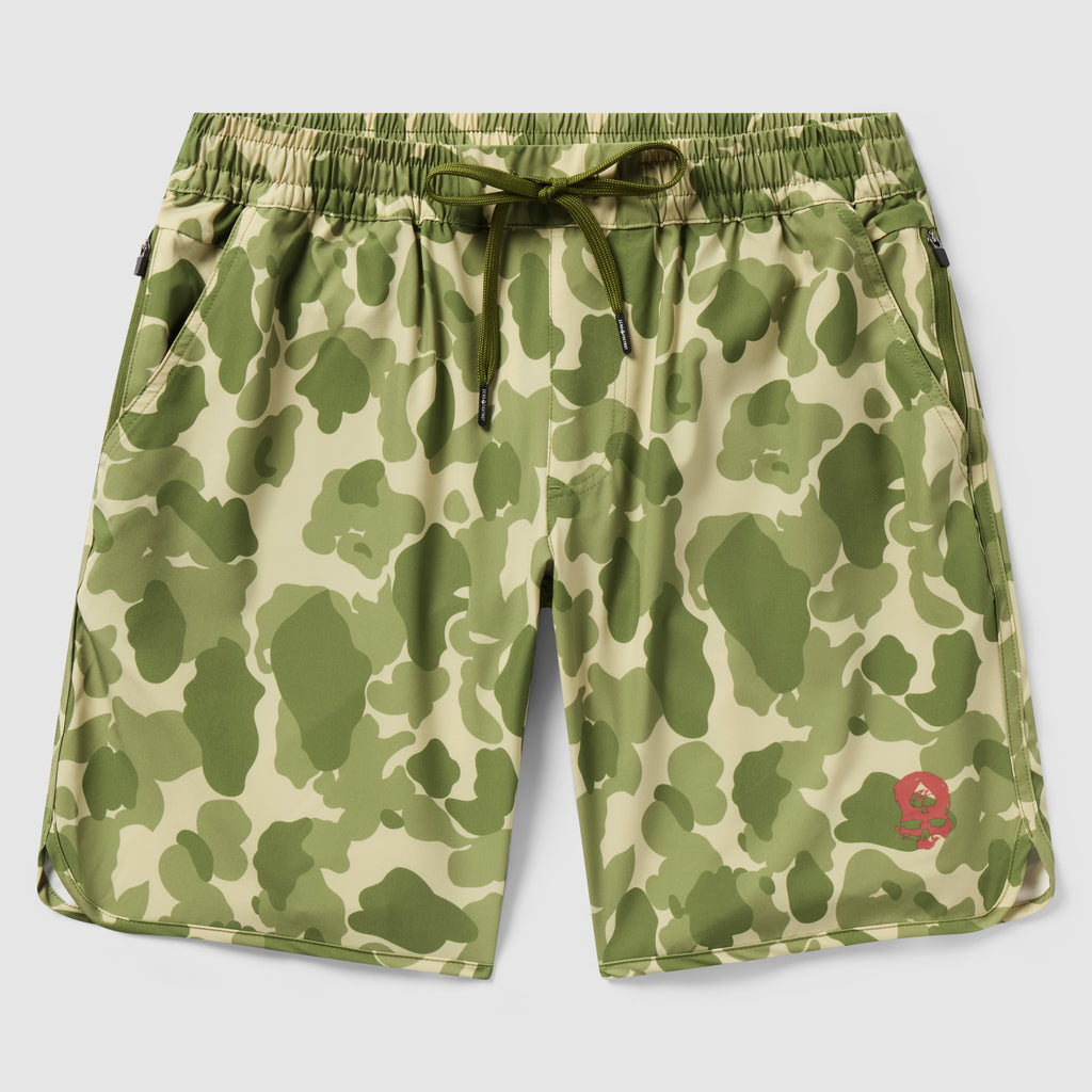 Zero Shorts - 9" Inseam featuring an olive green and beige camouflage pattern with an elastic waistband and drawstring for adjustable fit, designed for casual and active wear.