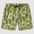 Zero Shorts - 9" Inseam featuring an olive green and beige camouflage pattern with an elastic waistband and drawstring for adjustable fit, designed for casual and active wear.