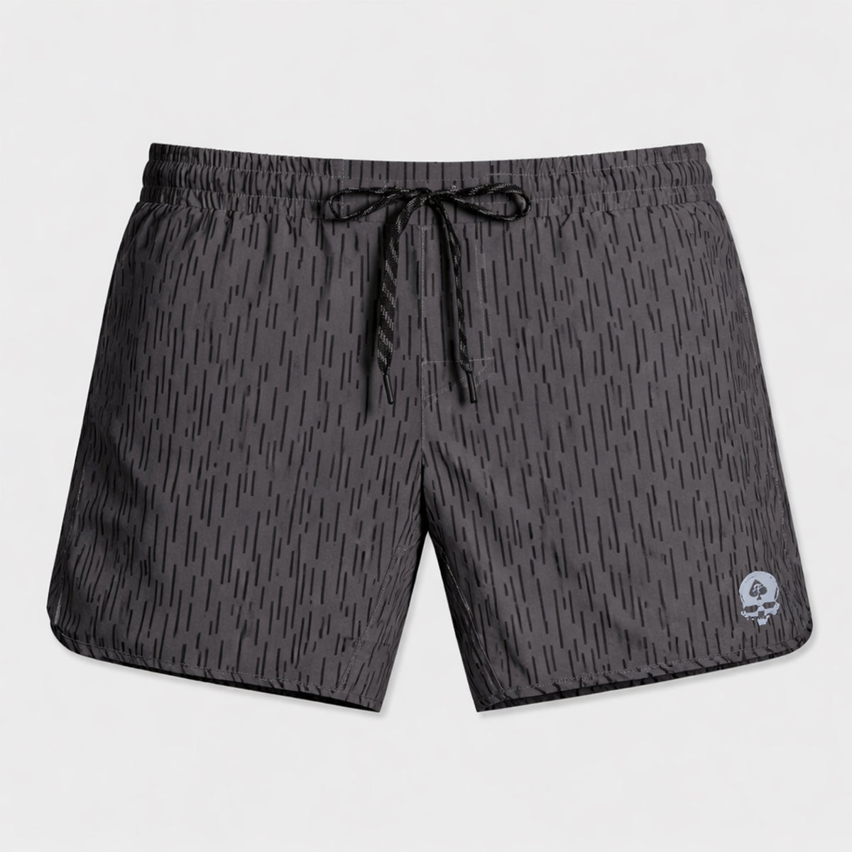 Black patterned swim shorts with an elastic waistband and drawstring closure, featuring a small logo on the front hem, designed as Zero Shorts - 7" Inseam.