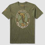 Belleau Wood Tee in olive green with a vintage Belleau France battlefield graphic featuring a soldier and circular historical lettering on the front